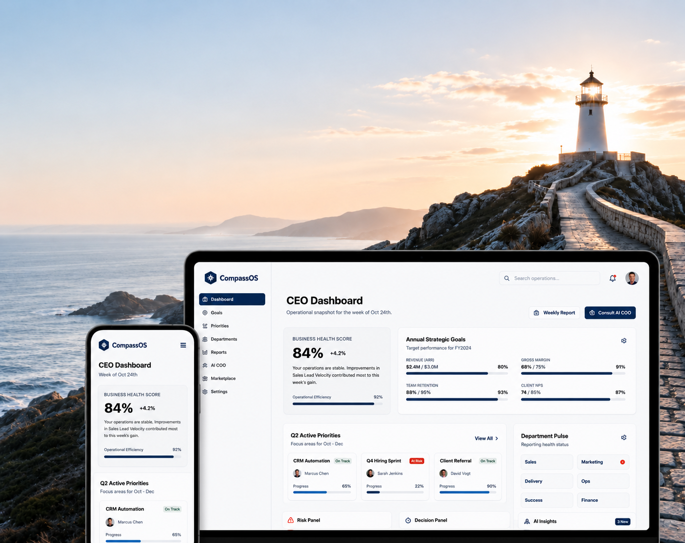 CompassOS CEO dashboard on laptop and phone, overlapping a lighthouse at sunset